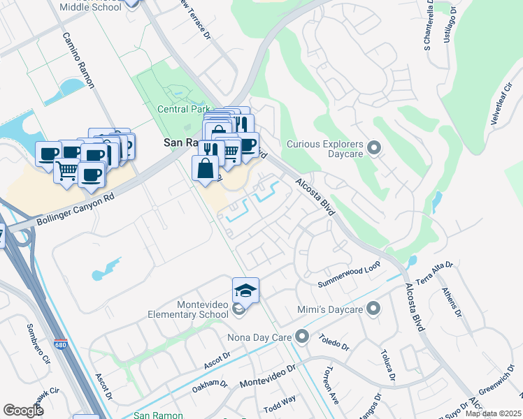 map of restaurants, bars, coffee shops, grocery stores, and more near in San Ramon