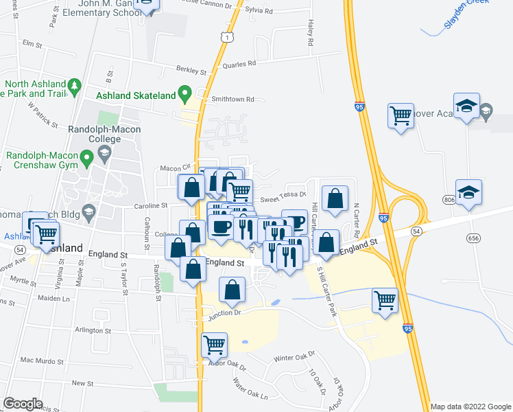map of restaurants, bars, coffee shops, grocery stores, and more near 807 Sweet Tessa Drive in Ashland