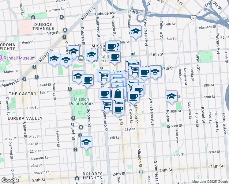 map of restaurants, bars, coffee shops, grocery stores, and more near 29 Lapidge Street in San Francisco