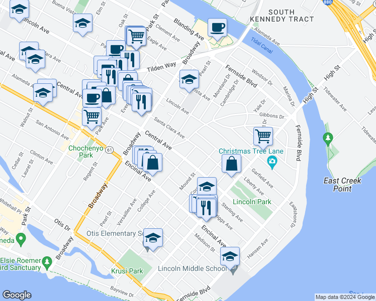 map of restaurants, bars, coffee shops, grocery stores, and more near 1417 Grove Street in Alameda