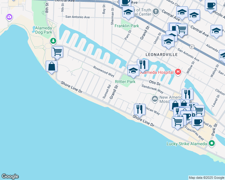 map of restaurants, bars, coffee shops, grocery stores, and more near 413 Grand Street in Alameda