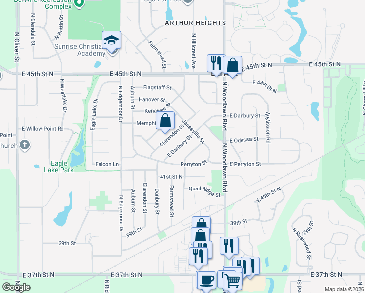 map of restaurants, bars, coffee shops, grocery stores, and more near 6023 Danbury Street in Bel Aire