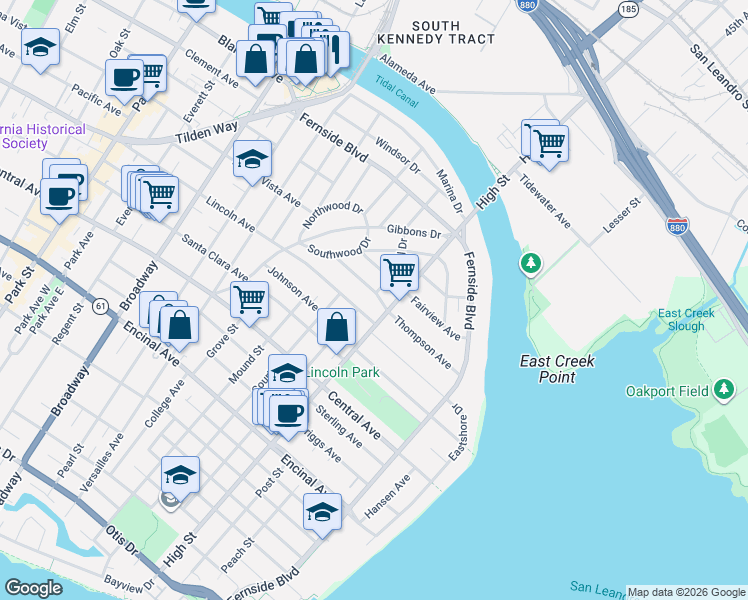 map of restaurants, bars, coffee shops, grocery stores, and more near 3021 Lincoln Avenue in Alameda