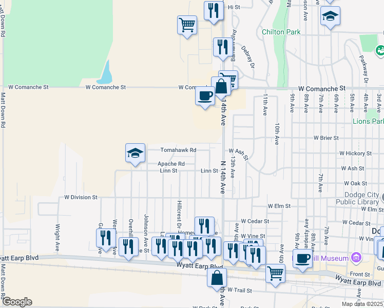 map of restaurants, bars, coffee shops, grocery stores, and more near 1310 Greenwood Avenue in Dodge City