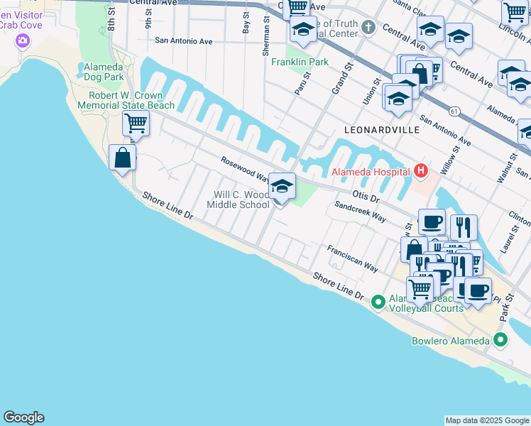 map of restaurants, bars, coffee shops, grocery stores, and more near 413 Grand Street in Alameda