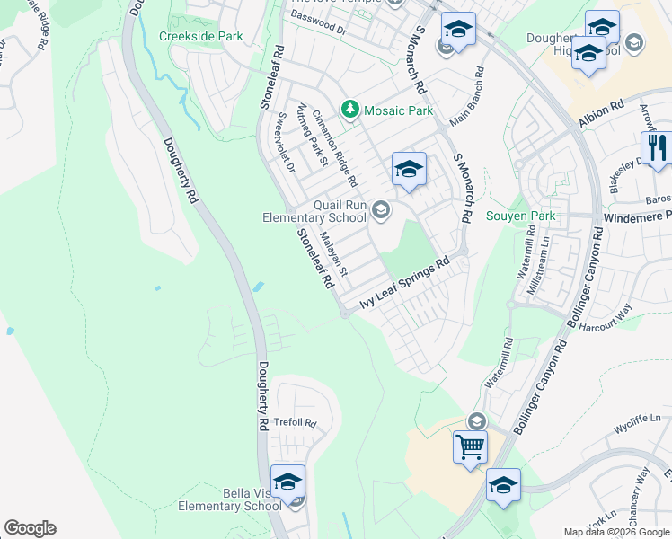 map of restaurants, bars, coffee shops, grocery stores, and more near 7454 Stoneleaf Road in San Ramon