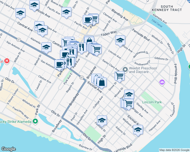 map of restaurants, bars, coffee shops, grocery stores, and more near 1337 Pearl Street in Alameda