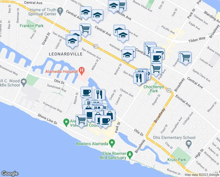 map of restaurants, bars, coffee shops, grocery stores, and more near 882 Walnut Street in Alameda
