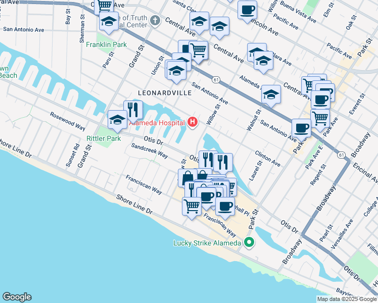 map of restaurants, bars, coffee shops, grocery stores, and more near 2051 Otis Drive in Alameda