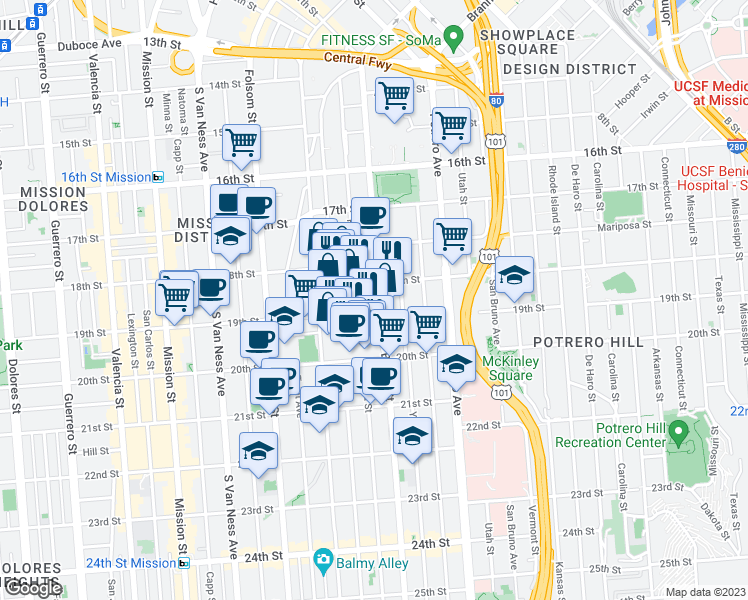 map of restaurants, bars, coffee shops, grocery stores, and more near 2050 Bryant Street in San Francisco