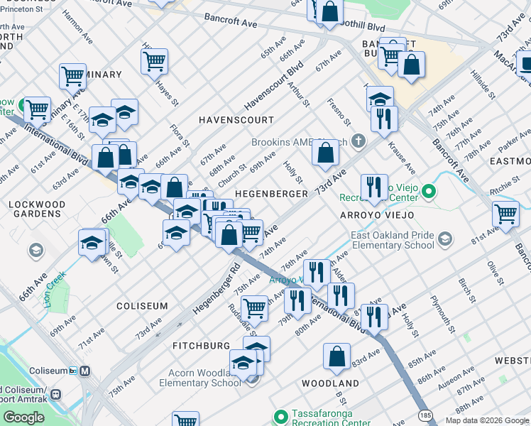 map of restaurants, bars, coffee shops, grocery stores, and more near 1650 72nd Avenue in Oakland