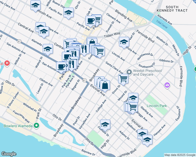 map of restaurants, bars, coffee shops, grocery stores, and more near 1337 Pearl Street in Alameda