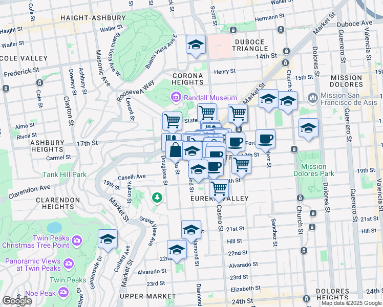 map of restaurants, bars, coffee shops, grocery stores, and more near 77 Diamond Street in San Francisco