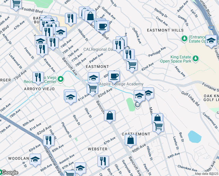 map of restaurants, bars, coffee shops, grocery stores, and more near 2311 82nd Avenue in Oakland