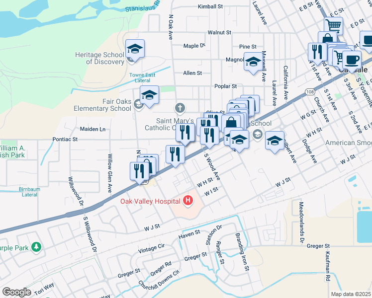 map of restaurants, bars, coffee shops, grocery stores, and more near 1214 West F Street in Oakdale