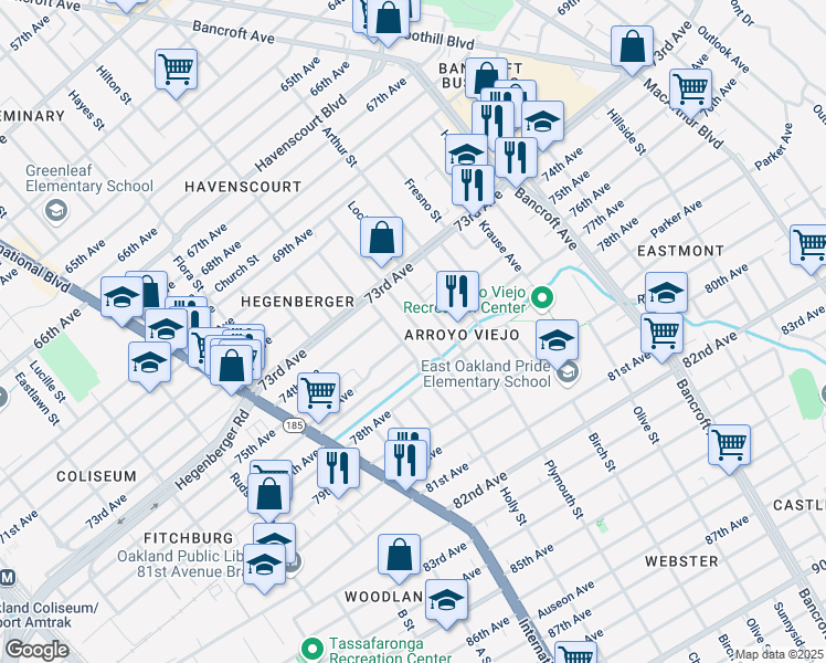 map of restaurants, bars, coffee shops, grocery stores, and more near 7443 Weld Street in Oakland
