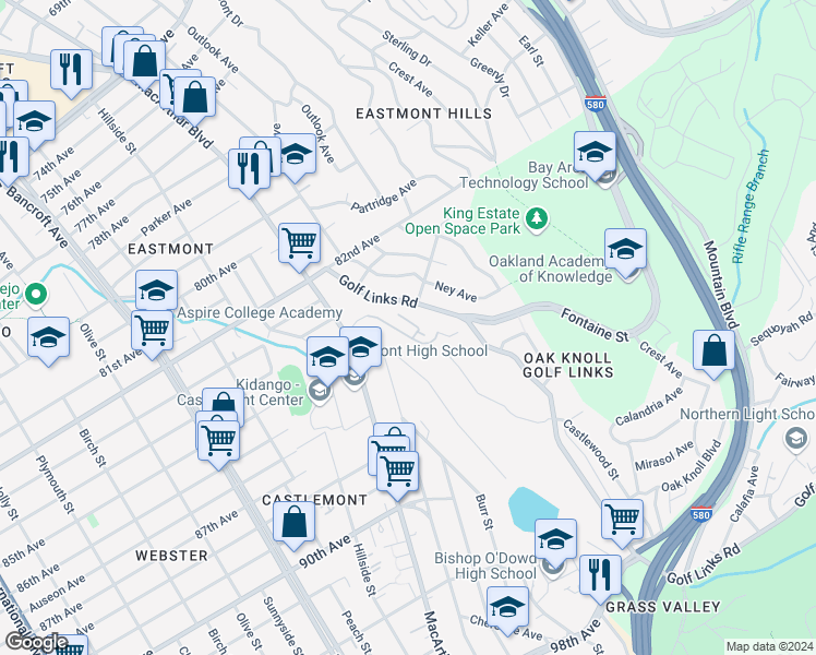 map of restaurants, bars, coffee shops, grocery stores, and more near 2700 E.C. Reems Court in Oakland