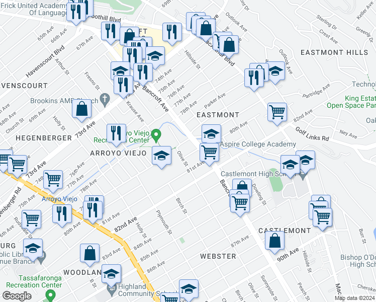 map of restaurants, bars, coffee shops, grocery stores, and more near 2001 80th Avenue in Oakland