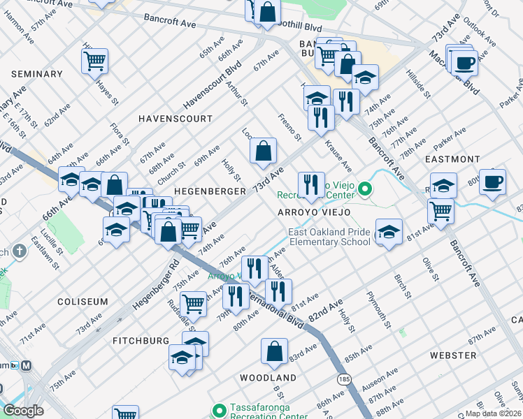 map of restaurants, bars, coffee shops, grocery stores, and more near 1818 74th Avenue in Oakland