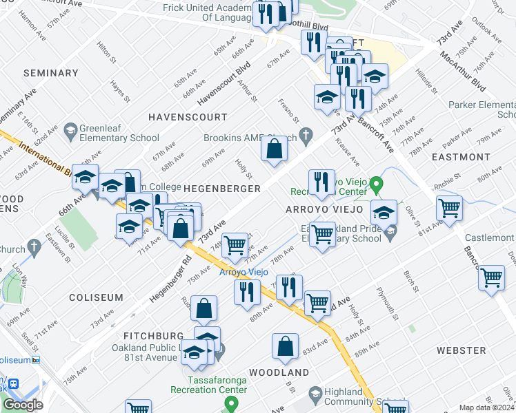 map of restaurants, bars, coffee shops, grocery stores, and more near 1818 74th Avenue in Oakland