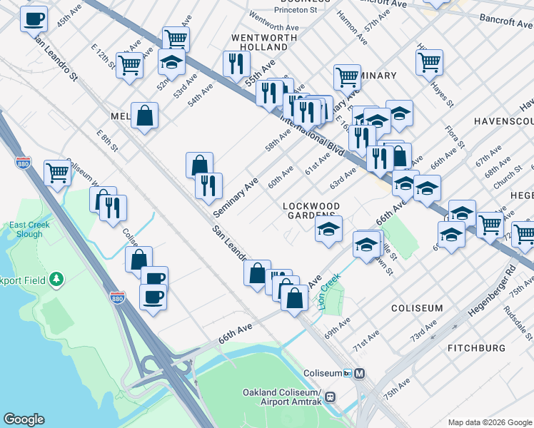 map of restaurants, bars, coffee shops, grocery stores, and more near 1139 62nd Avenue in Oakland