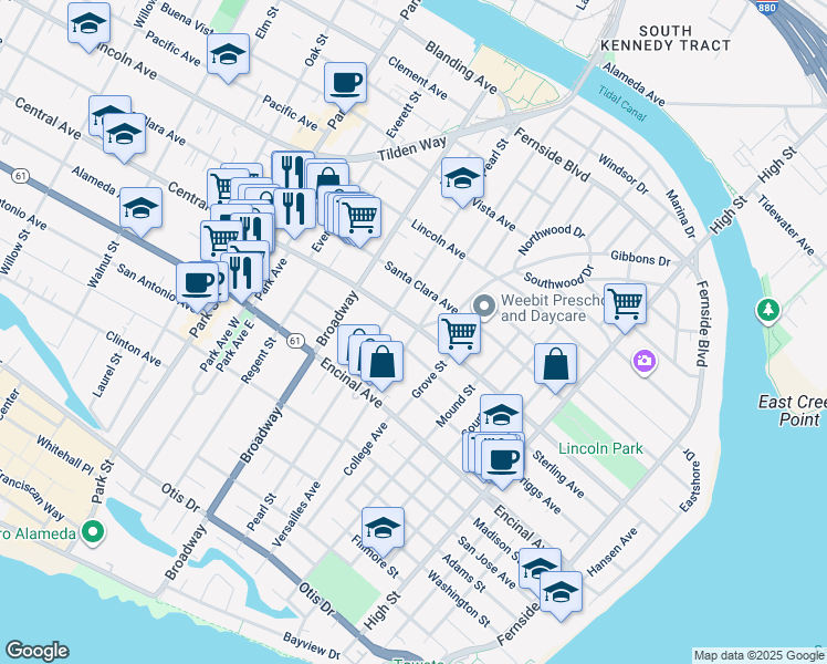 map of restaurants, bars, coffee shops, grocery stores, and more near 2808 Central Avenue in Alameda