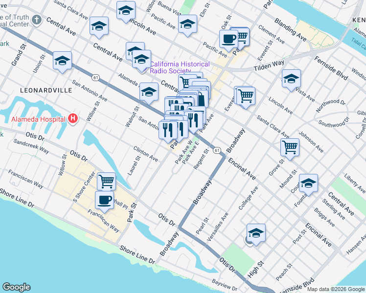 map of restaurants, bars, coffee shops, grocery stores, and more near 2430 Encinal Avenue in Alameda