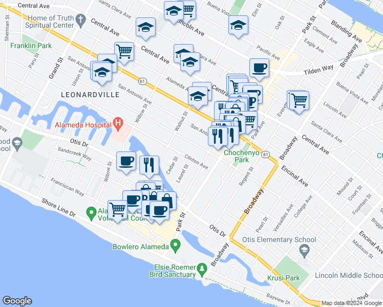map of restaurants, bars, coffee shops, grocery stores, and more near 2236 Clinton Avenue in Alameda