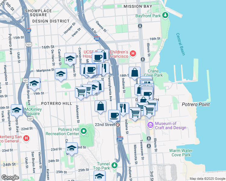 map of restaurants, bars, coffee shops, grocery stores, and more near 437 Pennsylvania Avenue in San Francisco
