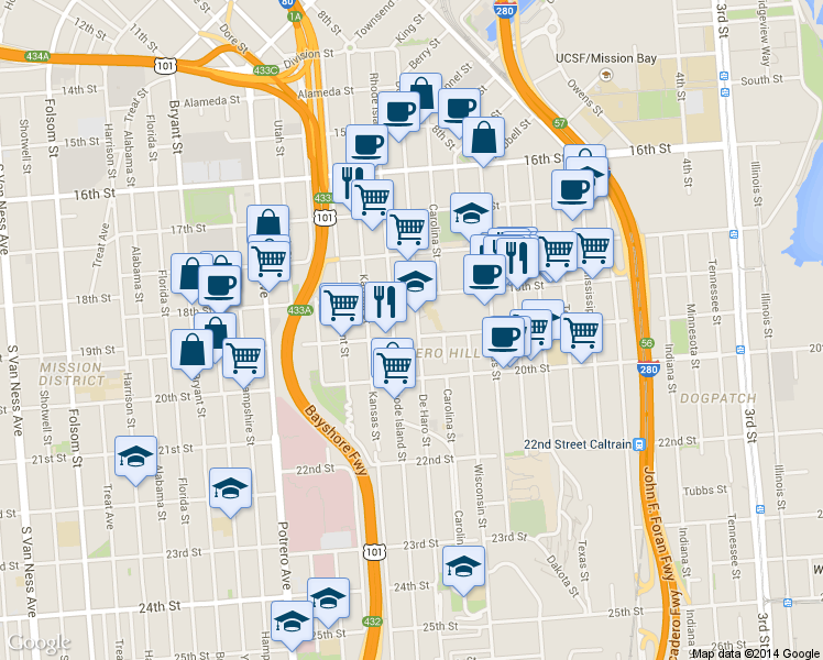 map of restaurants, bars, coffee shops, grocery stores, and more near 1919 19th Street in San Francisco