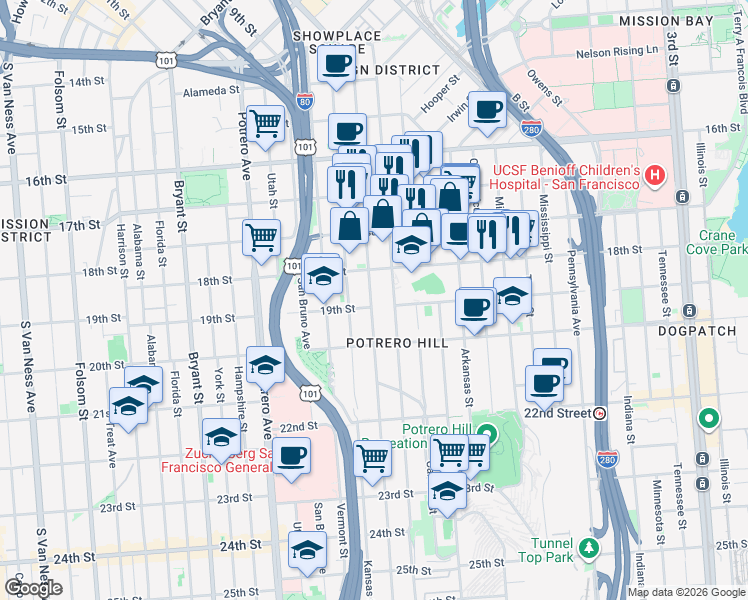 map of restaurants, bars, coffee shops, grocery stores, and more near 1919 19th Street in San Francisco