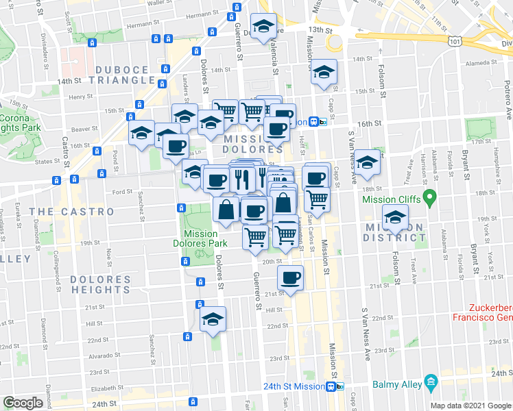 map of restaurants, bars, coffee shops, grocery stores, and more near 630 Guerrero Street in San Francisco