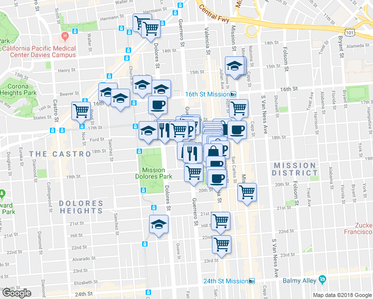 map of restaurants, bars, coffee shops, grocery stores, and more near 630 Guerrero Street in San Francisco