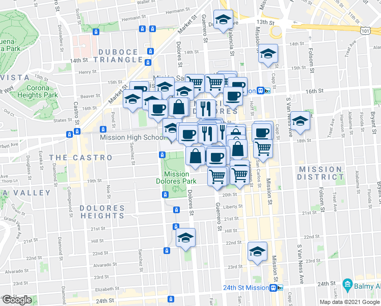 map of restaurants, bars, coffee shops, grocery stores, and more near 499 Dolores Street in San Francisco
