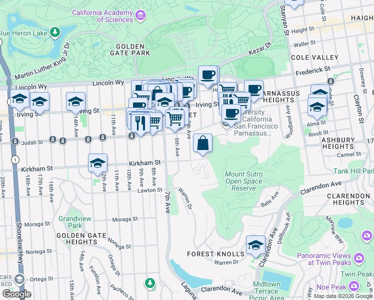 map of restaurants, bars, coffee shops, grocery stores, and more near 1478 5th Avenue in San Francisco
