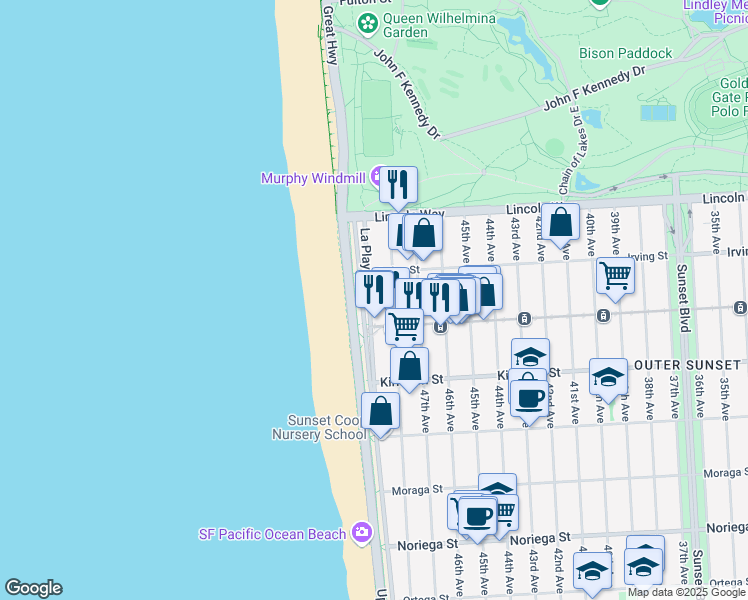 map of restaurants, bars, coffee shops, grocery stores, and more near 1351 La Playa Street in San Francisco