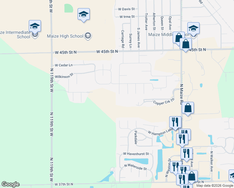 map of restaurants, bars, coffee shops, grocery stores, and more near 11411 Cassie Lane in Maize