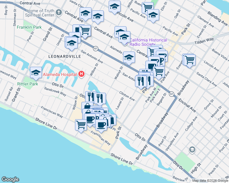 map of restaurants, bars, coffee shops, grocery stores, and more near 2214 Clinton Avenue in Alameda