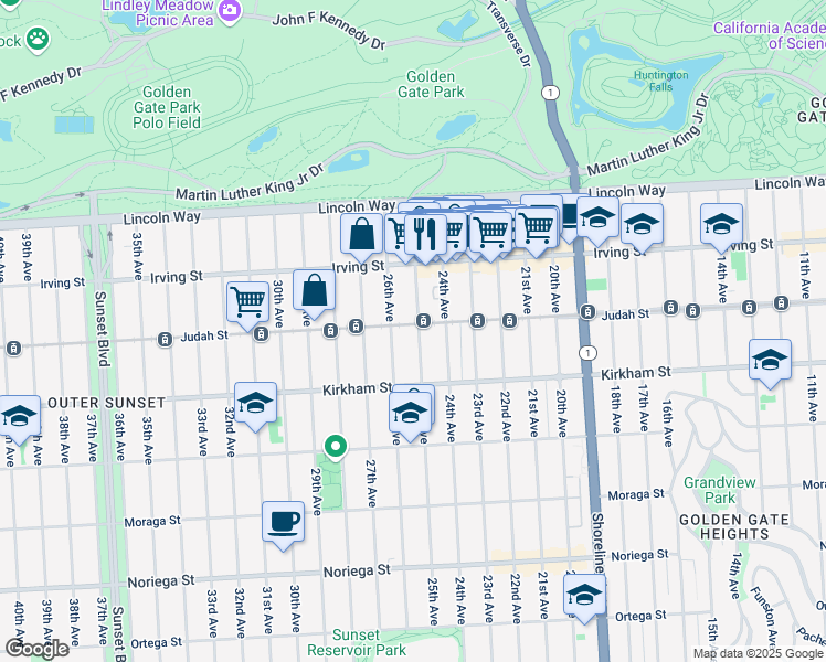 map of restaurants, bars, coffee shops, grocery stores, and more near 1405 25th Avenue in San Francisco