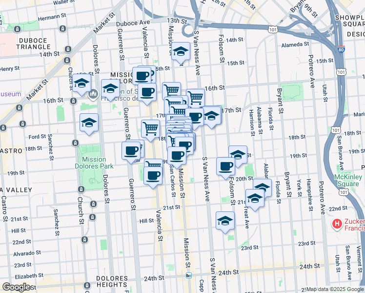 map of restaurants, bars, coffee shops, grocery stores, and more near 2200 Mission Street in San Francisco