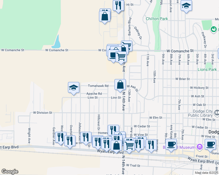 map of restaurants, bars, coffee shops, grocery stores, and more near 1310 Greenwood Avenue in Dodge City