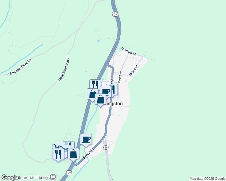 map of restaurants, bars, coffee shops, grocery stores, and more near 714 Front Street in Lovingston