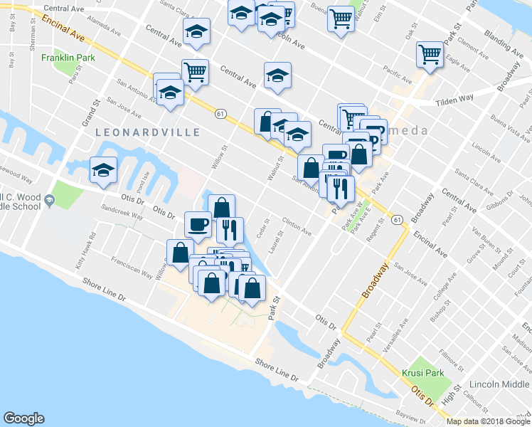 map of restaurants, bars, coffee shops, grocery stores, and more near 2216 Clinton Avenue in Alameda