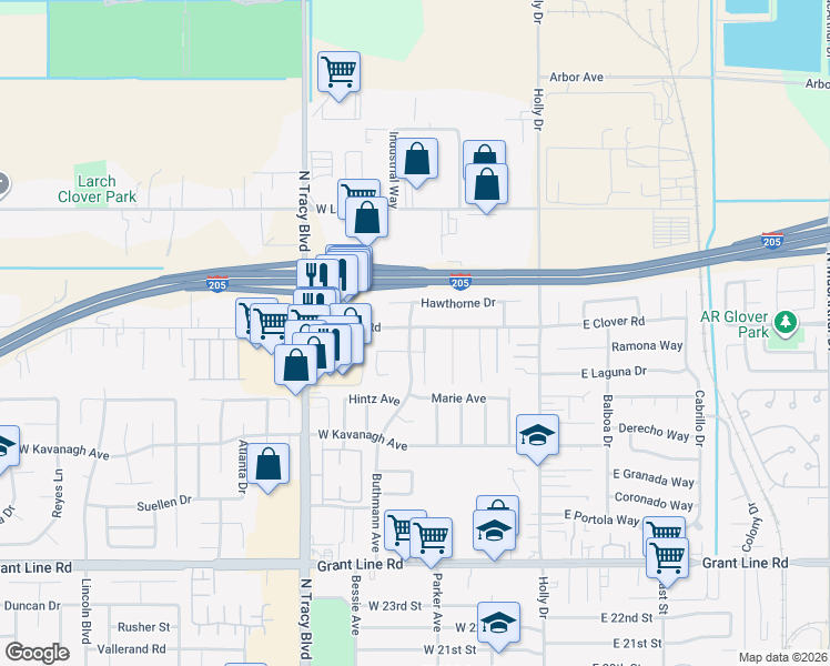 map of restaurants, bars, coffee shops, grocery stores, and more near 3362 Buthmann Avenue in Tracy
