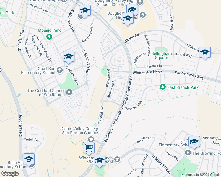map of restaurants, bars, coffee shops, grocery stores, and more near 2366 Millstream Lane in San Ramon
