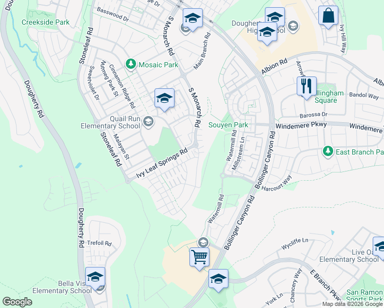 map of restaurants, bars, coffee shops, grocery stores, and more near in San Ramon