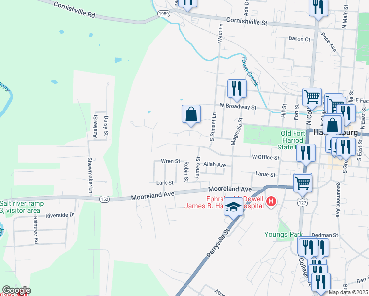 map of restaurants, bars, coffee shops, grocery stores, and more near 632 West Office Street in Harrodsburg