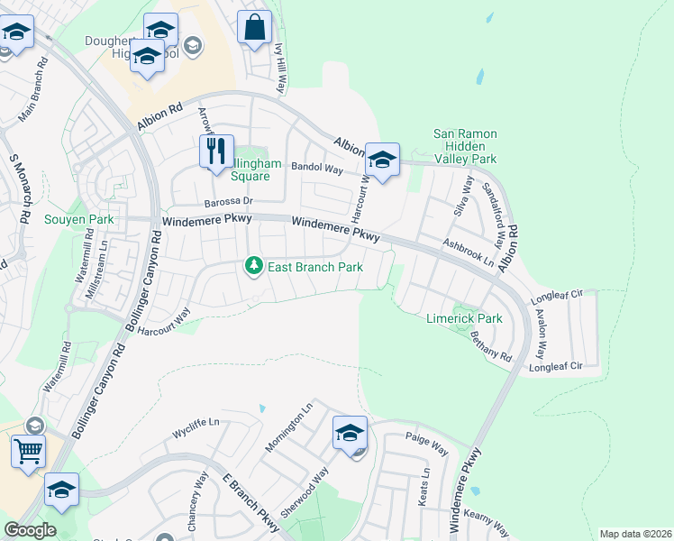 map of restaurants, bars, coffee shops, grocery stores, and more near 318 Stanforth Court in San Ramon