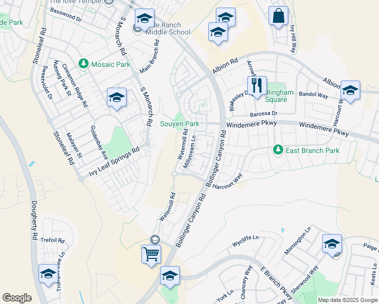 map of restaurants, bars, coffee shops, grocery stores, and more near 2366 Millstream Lane in San Ramon