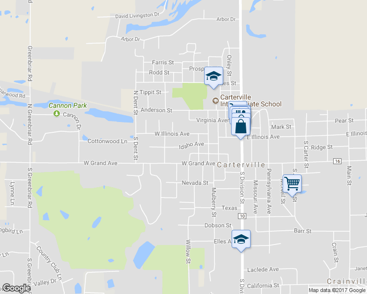 map of restaurants, bars, coffee shops, grocery stores, and more near 500 Idaho Avenue in Carterville